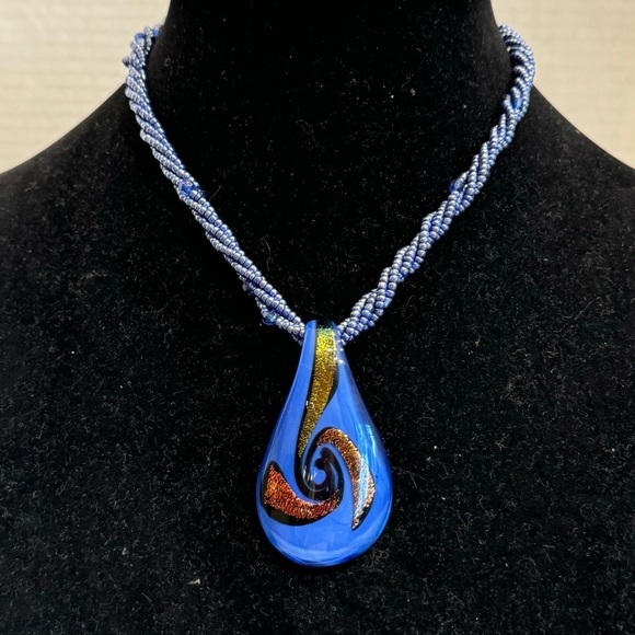 Art Glass Blue Hand Blown Glass Pendant With Seed Bead Multi-Strand Necklace - Picture 9 of 16